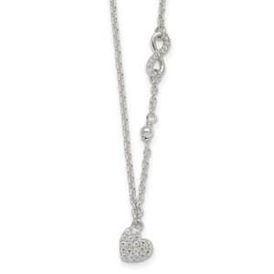 Sterling Silver Polished Beaded White CZ Infinity and Heart 16 inch with 2 inch Extension Necklace