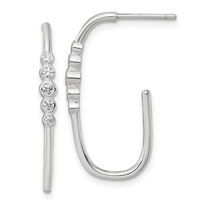 Sterling Silver Polished Bezel Set CZ Post J-Hoop Earrings