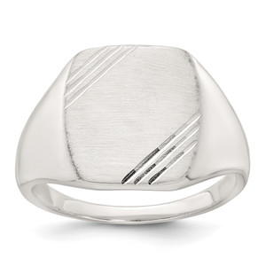 Sterling Silver Polished Brushed and Grooved 15.3mm x 13.2mm Rectangle Closed Back Size 11 Mens Signet Ring