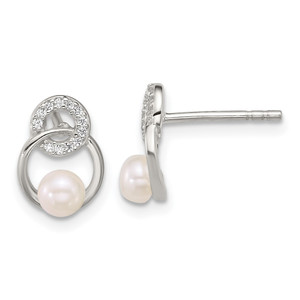 Sterling Silver Polished CZ Circles with 4-5mm Imitation Button Pearl Post Earrings