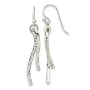 Sterling Silver Polished CZ Wavy Bar Dangle Shephard Hook Earrings