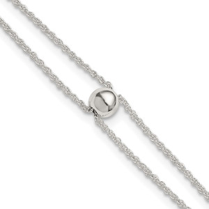 Sterling Silver Polished Double Strand with 6mm Bead 9 inch with 1 inch Extension Anklet