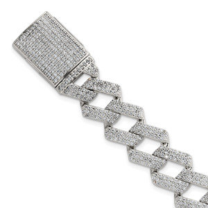 Sterling Silver Polished Fancy CZ Curb Link 8.5 Inch Mens Bracelet
