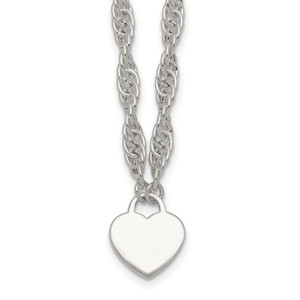 Sterling Silver Polished Fancy Engravable Heart Disc on Rope Chain 16 Inch with 2 Inch Extension Necklace