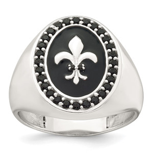 Sterling Silver Polished Fleur de Lis Black Enameled and Black Nano Crystals Size 10 Mens Signet Ring