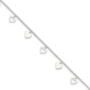 Sterling Silver Polished Hearts 10in Plus 1in ext. Anklet