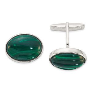 Sterling Silver Polished Malachite Oval Cuff Links