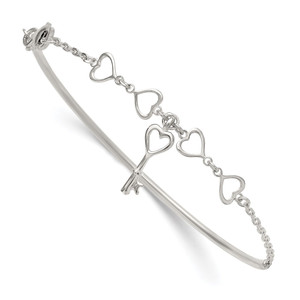 Sterling Silver Polished Open Hearts and Key Charms Half Bangle Bracelet
