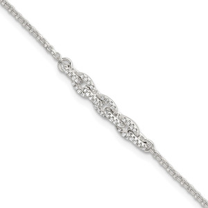 Sterling Silver Polished Pave CZ Cable Link 6.75 Inch with 0.5 Inch Extension Bracelet