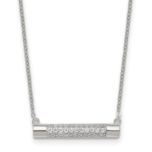 Sterling Silver Polished Pave CZ Rounded Bar 16 Inch with 2 Inch Extension Necklace