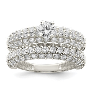 Sterling Silver Polished Pave CZ Wedding Ring Set - QR-EEC030E2-5876