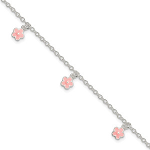Sterling Silver Polished Pink Enamel Flowers w/1.5in Ext Children's Bracele