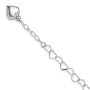 Sterling Silver Polished Puffed Heart 10in Plus 1in ext. Anklet