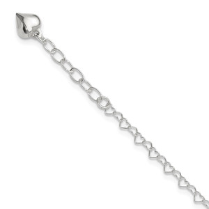 Sterling Silver Polished Puffed Heart 9in Plus 1in ext. Anklet