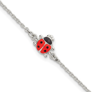 Sterling Silver Polished Red and Black Enameled Ladybug Childrens 5.5 inch with 1 inch Extension Bracelet