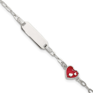 Sterling Silver Polished Red and White Enameled Heart 5 inch with 1 inch extension Childrens ID Bracelet
