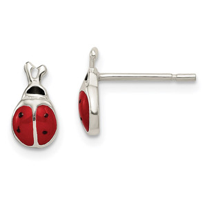 Sterling Silver Polished Red/Black Enameled Ladybug Post Earrings - QE-14154330-1428