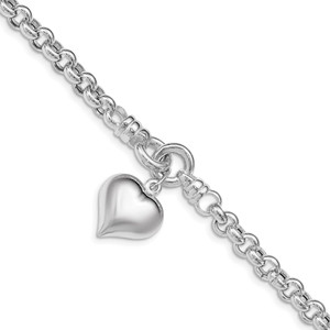 Sterling Silver Polished Rolo w/ Dangle Heart Charm Bracelet