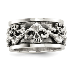 Sterling Silver Polished Spinning Center Antiqued Skull Ring - QR-A9E1DE4A-8445