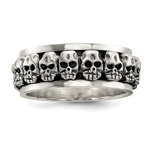 Sterling Silver Polished Spinning Center Antiqued Skull Ring - QR-B9F78E78-9793