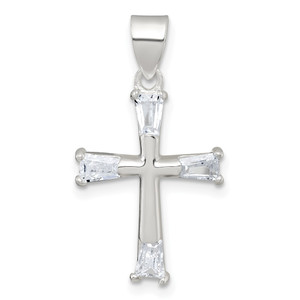 Sterling Silver Polished Tapered Baguette CZ Cross Pendant