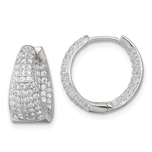 Sterling Silver Polished Tapered In and Out CZ 16mm Hinged Round Hoop Earrings
