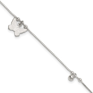 Sterling Silver Polished Textured and Beaded Butterfly 9 inch with 1 inch Extension Anklet