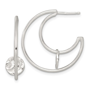 Sterling Silver Polished Textured Moveable Disc Fancy Crescent Moon C-Hoop Post Earrings