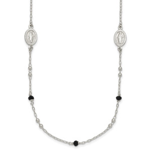 Sterling Silver Polished Textured Spanish Miraculous Medals with Black Glass Beads 16 inch Necklace