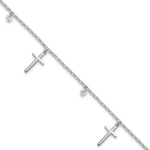 Sterling Silver Polished White CZ Dangles and Cross Charm 7.5 inch Bracelet