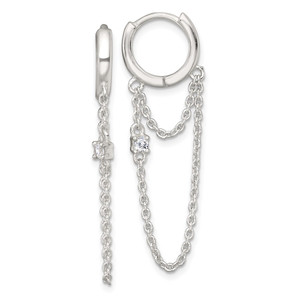 Sterling Silver Polished White CZ Dangling Chain Round Hinged Hoop Earrings