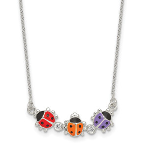 Sterling Silver Polished White CZ with Red/Orange/Purple Enameled Multicolor Ladybugs Childrens 14 inch Necklace