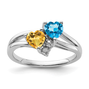 Sterling Silver Rhodium Blue Topaz & Citrine Diam. Ring - QR-3C81724B-7090
