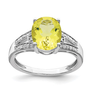 Sterling Silver Rhodium Diam. & Oval Lemon Quartz Ring