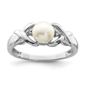 Sterling Silver Rhodium FW Cultured Button Pearl & Diamond Ring - QD-9F191494-1438