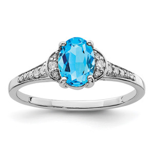 Sterling Silver Rhodium Oval Blue Topaz & Diam. Ring
