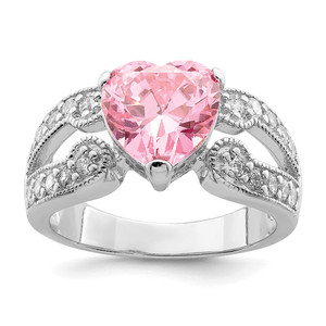 Sterling Silver Rhodium plated 10mm Clear CZ and Pink Heart CZ Ring - QR-BF00728A-4296