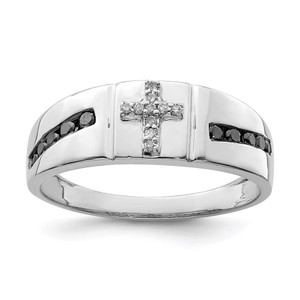 Sterling Silver Rhodium Plated Black and White Diam. Cross Men's Ring - QR-8F84694D-6646