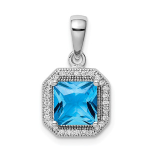 Sterling Silver Rhodium Plated Clear CZ and Square Blue CZ Pendant - QP-297170A4-5676