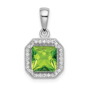 Sterling Silver Rhodium Plated Clear CZ and Square Green CZ Pendant