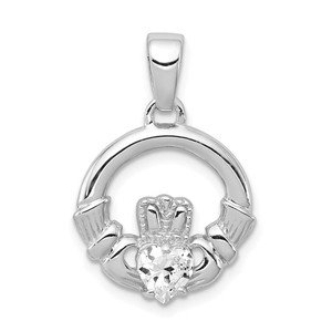 Sterling Silver Rhodium Plated CZ Claddagh Pendant - QC-0B03F93B-5939