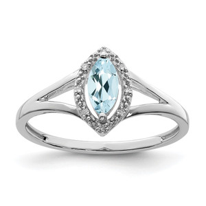 Sterling Silver Rhodium Plated Diamond & Aquamarine Marquise Ring - QR-A9B93DDA-8985