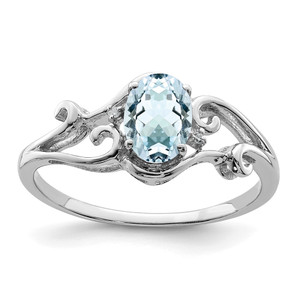 Sterling Silver Rhodium Plated Diamond & Aquamarine Oval Ring - QR-5E70123D-1109