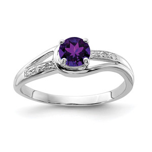 Sterling Silver Rhodium Plated Diamond and Amethyst Round Ring - QR-3DC8B29E-4175
