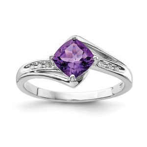 Sterling Silver Rhodium Plated Diamond and Amethyst Square Ring - QR-4FA09F46-3786