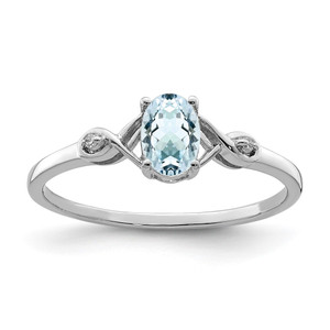Sterling Silver Rhodium Plated Diamond and Aquamarine Oval Ring - QR-64F8D36B-1491