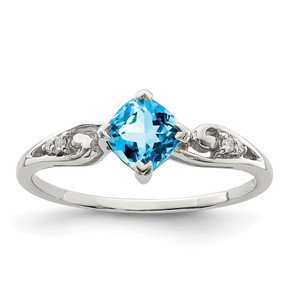 Sterling Silver Rhodium Plated Diamond and Sky Blue Topaz Cushion Ring - QR-B3147AC1-7411