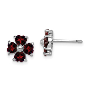 Sterling Silver Rhodium Plated Garnet Flower Post Earrings