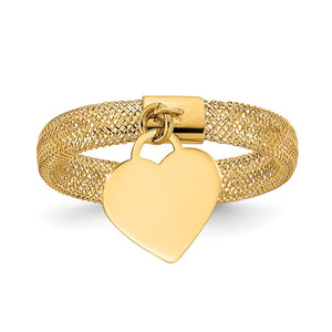 14K 4mm Woven Mesh with Polished Heart Charm Stretch Ring