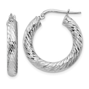 14k 4x15mm White Gold Diamond-cut Round Hoop Earrings